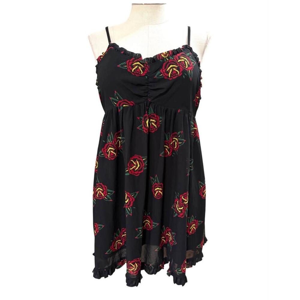 *READ* Sourpuss 3X Black Tattoo Roses Floral Chiffon Cocktail Party Tank‎ Dress